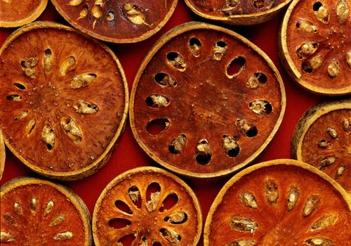 Brown decorative ornaments from dry fruit close up
