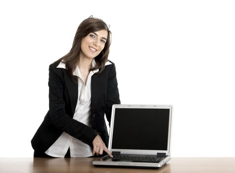 Beautiful business woman showing a presentation on the laptop 