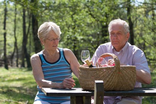 Senior couple having a picnic outside in the park together