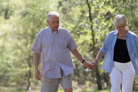 Elderly couple walking hand in hand on a stroll through the parc