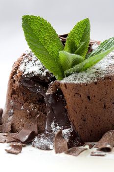 Delicious looking chocolate dessert with melted chocolate on the inside