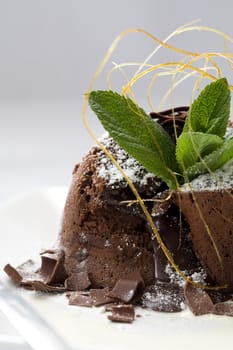 Delicious chocolate dessert served on a plate, decorated with strings of burned sugar and a mint leave