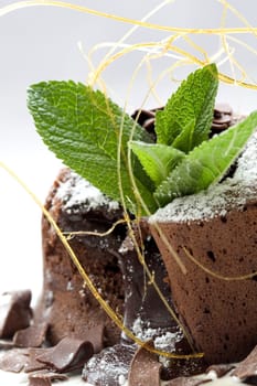 Delicious chocolate dessert decorated with strands of burned sugar and mint leaves