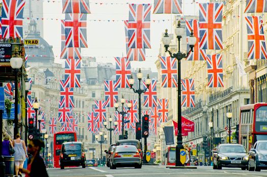 UK flags on tne London street taken on April 2011