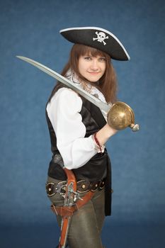 Pirate girl with sword on blue background