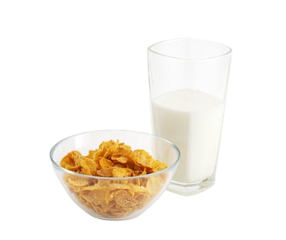 Healthy breakfast including glass of milk and glass bowl of cereal isolated on white background