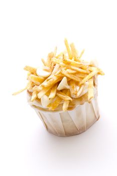 fantasy cupcake in a white paper cup decorated to look like a poutine
