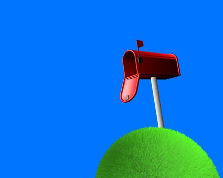 mailbox on sphere of grass on blue background