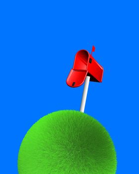 mailbox on sphere of grass on blue background