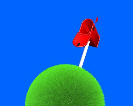 mailbox on sphere of grass on blue background