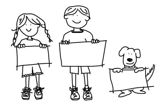 Large cartoon characters: simplistic black line drawings of two smiling kids and their dog holding up blank poster board