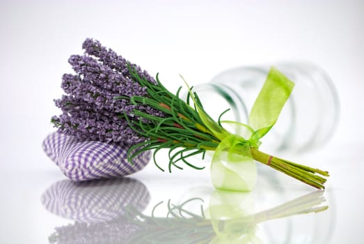 Bunch of lavender flower on an aromatic pillow with a reflection