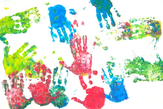 Brightly colored hands print on white background 