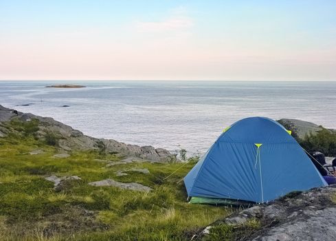 Tent in a lofoten camping site on the sea