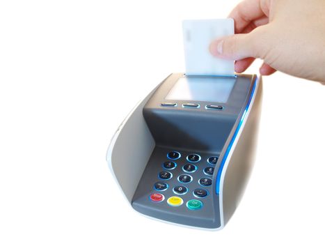 Someone inserting a chip payment card, on a payment terminal