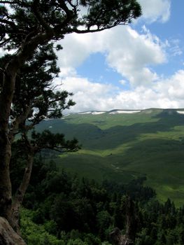 terrain, hill, panorama, the Caucasus, ridge, clouds, sky, landscape, beauty, nature, form, travel, background, Europe, Russia, array, flora, vegetation, plants, highlands, reserve