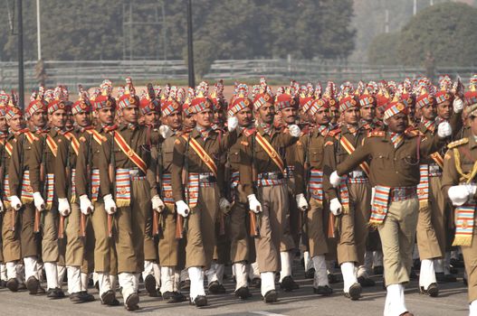 Soldiers in best dress uniform marching down the RajPath in preparation for the Republic Day Parade in Delhi, India