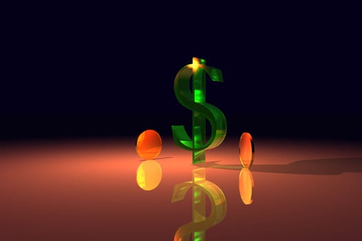 Dollar sign with gold coins in orange light