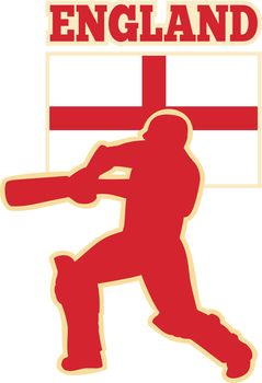 illustration of  silhouette of cricket batsman batting front view with flag of England
