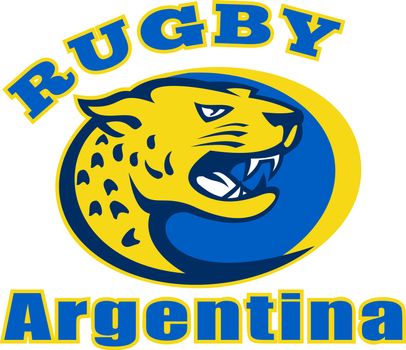 Illustration of a big cat jaguar or leopard head growling with words "Rugby Argentina" 