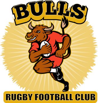 illustration of a cartoon bull playing rugby running with ball with words "Bulls Rugby Football Club"
