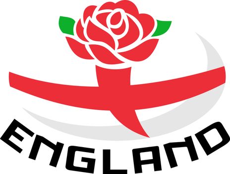 Illustration of a red English rose with flag of England inside rugby ball and words "England"