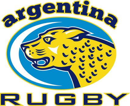 Illustration of a big cat jaguar or leopard head growling with words "Rugby Argentina"