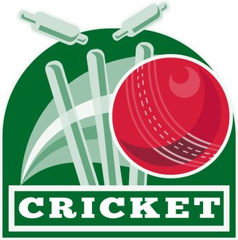 illustration of a cricket ball hitting bowling over wicket with words "cricket"