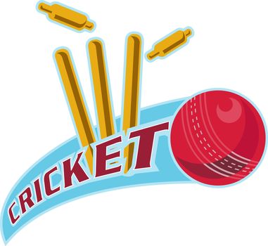 illustration of a cricket ball hitting bowling over wicket with words "cricket"