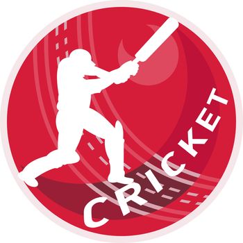 illustration of a cricket player batsman silhouette batting  ball done in retro style on isolated white background