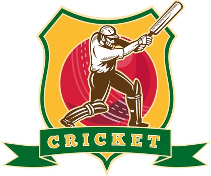 illustration of a cricket sports batsman batting viewed from front with cricket ball in the middle and shield with words "cricket" done in retro style