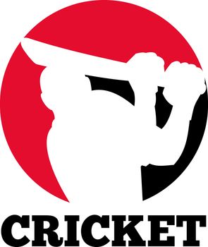 illustration of a cricket sports batsman batting viewed from front with cricket ball in the middle and words "cricket"