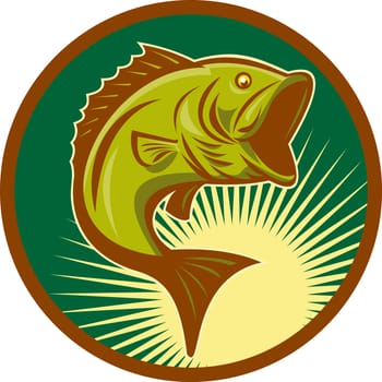 illustration of a largemouth bass fish jumping set inside circle with forest green background done in retro style