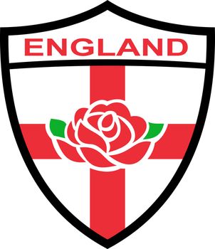 Illustration of a red English rose inside shield with flag of England and words "England"