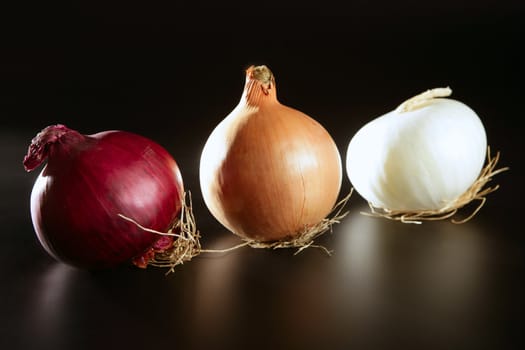Three colorful different onion in varied colors over black