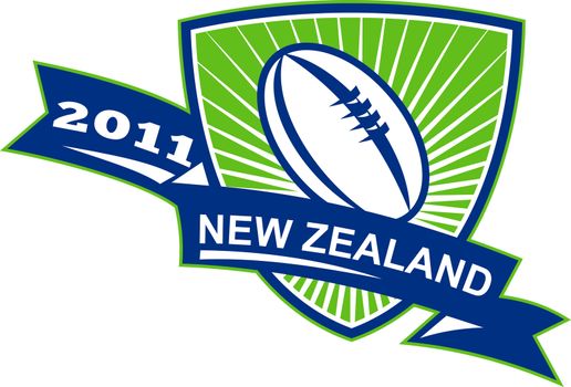 illustration of a rugby ball inside shield with sunburst and words "New Zealand 2011"