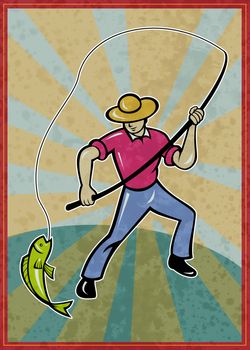 poster illustration of a fisherman fishing catching fish with rod with sunburst in background