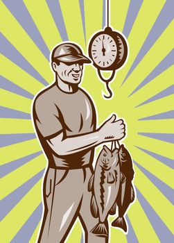 illustration of a Fly Fisherman weighing in fish catch with sunburst in background done n retro style.