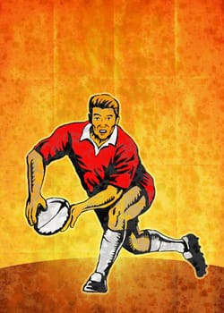 poster illustration of a rugby player running passing with ball with grunge texture background