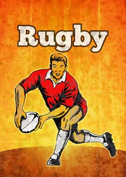 poster illustration of a rugby player running passing with ball with grunge texture background with words "Rugby"