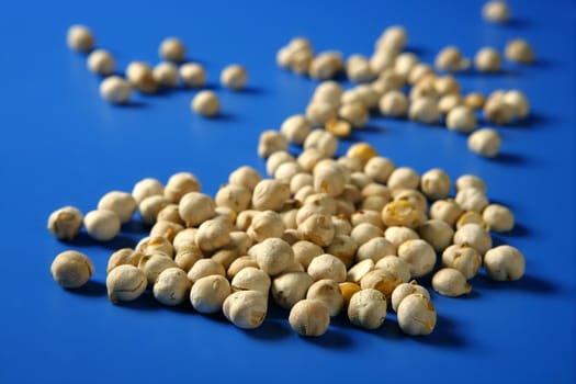 Chickpeas still spread over vivid blue background