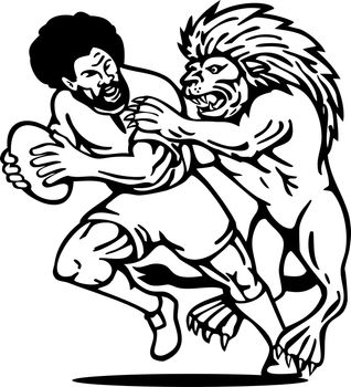 illustration of  a Rugby player running with ball attack by lion done in black and white