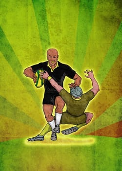 poster illustration of a rugby player running attacking with ball with grunge texture background