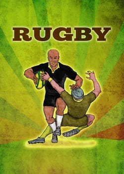 poster illustration of a rugby player running attacking with ball with grunge texture background with words "rugby"