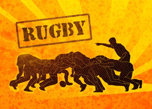 poster illustration of rugby players engaged in scrum with sunburst in background and grunge texture