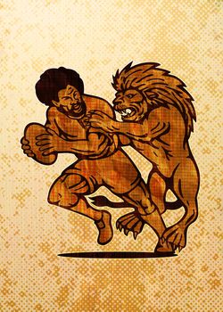 illustration of  a Rugby player running with ball attack by lion with grunge and wood grain texture background