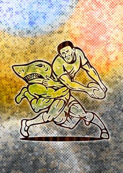 illustration of  a Rugby player running with ball attacked by shark with grunge  texture background