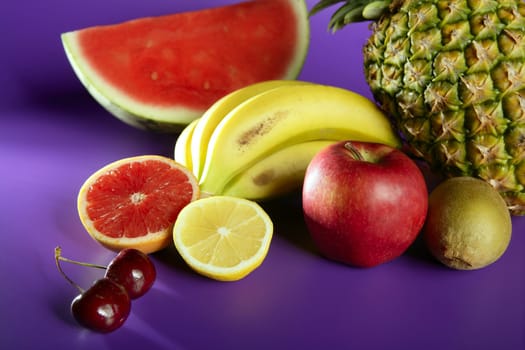 Fruits still life, citrus, cherry, watermelon, apple, banana