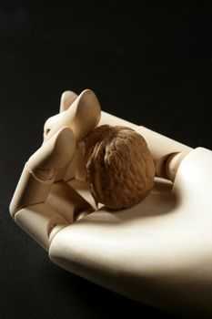 Mannequin wooden hand holding one walnut with the hand palm