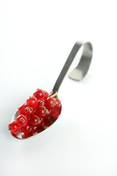 Redcurrant berries in a curved spoon in white background